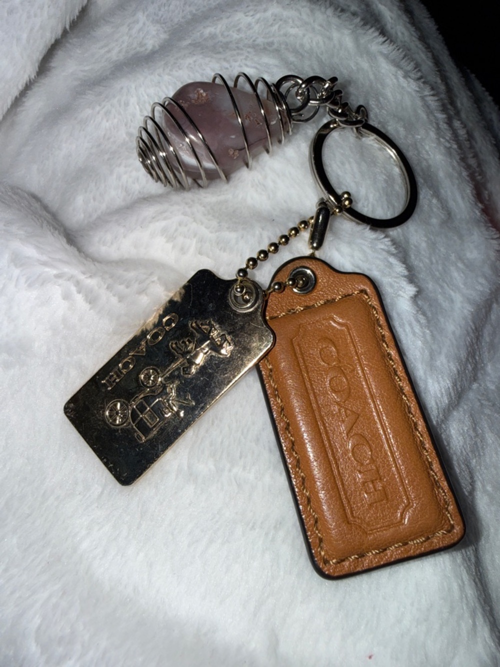 Coach Tan Leather Tag Keyring with Gold Metal Charm and Rose Quartz Accent